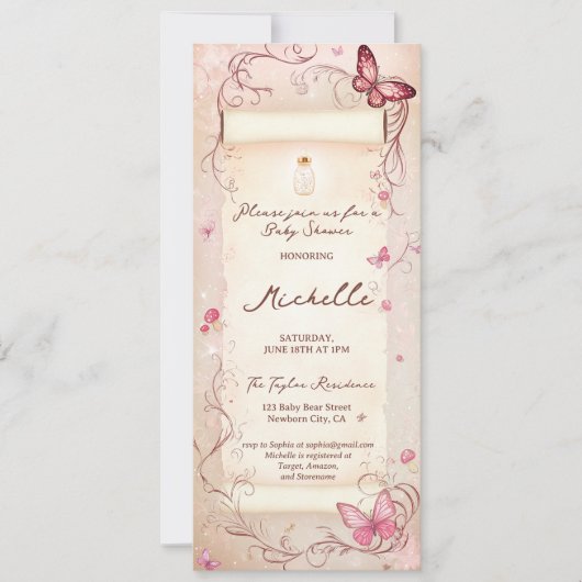 Invitation Papillon rose Dusty Enchanted Forest Scroll Baby (Devant)