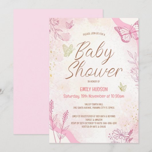 Invitation Papillon Rose Editable (Devant / Derrière)