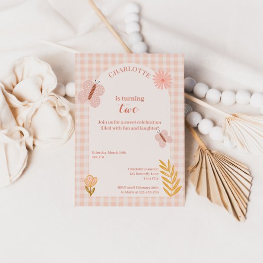 Invitation Papillon rose En vichy aux fleurs Anniversaire