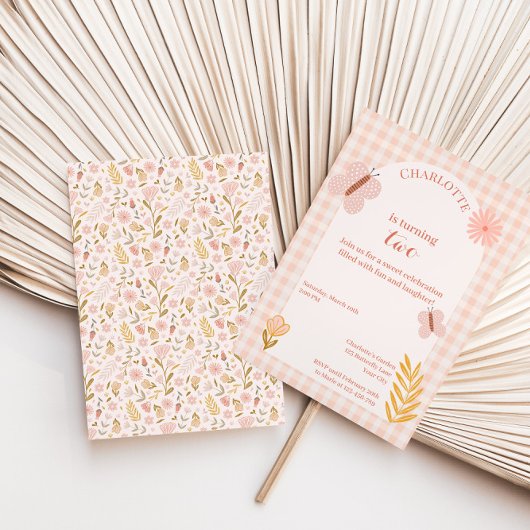 Invitation Papillon rose En vichy aux fleurs Anniversaire