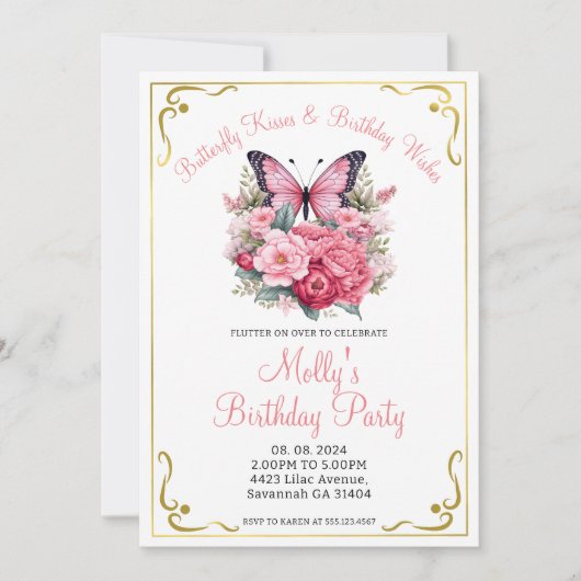 Invitation Papillon rose et fleurs à tout âge fête d'annivers (Devant)