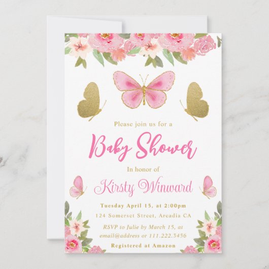 Invitation Papillon rose et or Baby shower floral fille (Devant)