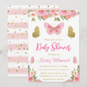 Invitation Papillon rose et or Baby shower floral fille (Devant / Derrière)