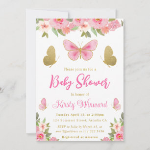 Invitation Papillon rose et or Baby shower floral fille