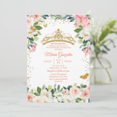 Invitation Papillon rose et or bleu Mis Quince (Debout devant)