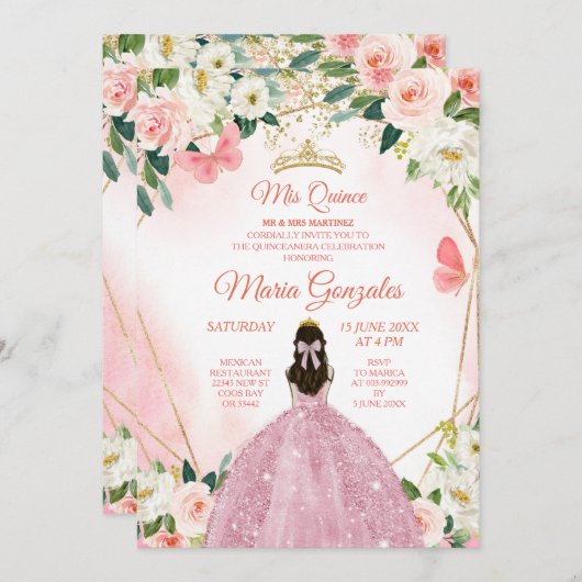 Invitation Papillon rose et or Charra Mis Quince (Devant / Derrière)