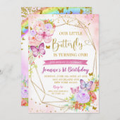 Invitation Papillon rose et violet 1er appel d'anniversaire (Devant / Derrière)