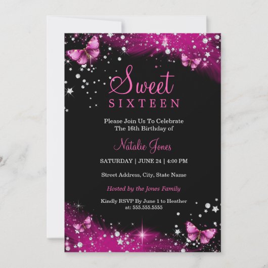 Invitation Papillon rose étincelle Diamond Sweet 16 Invitatio (Devant)