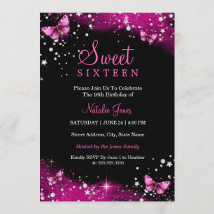 Invitation Papillon rose étincelle Diamond Sweet 16 Invitatio