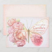 Invitation Papillon rose fête d'anniversaire Floral Girl (Devant / Derrière)