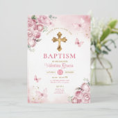 Invitation Papillon rose Fille Baptême Croix d'or fleurs (Debout devant)
