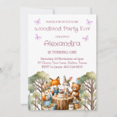Invitation Papillon rose Fille Bois Animaux 1er anniversaire (Devant)