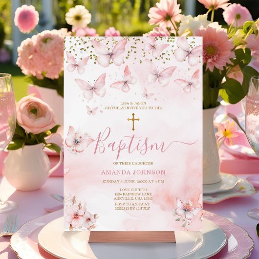 Invitation Papillon rose Fille Florale Christening Baptême