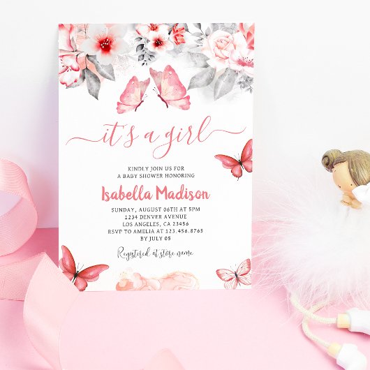 Invitation Papillon rose floral Baby Girl Douche