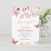 Invitation Papillon rose floral Baby Girl Douche (Debout devant)