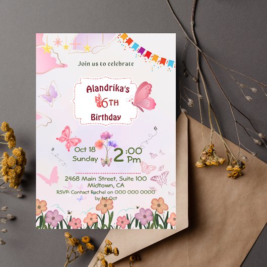 Invitation Papillon rose floral & blanc mignon 6e anniversair