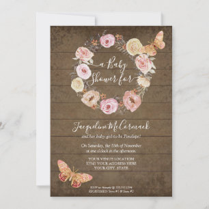 Invitation Papillon rose Floral Bois rustique Wreath Baby Gir