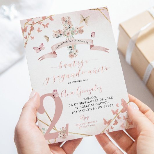 Invitation Papillon rose floral espagnol Baptême 2e anniversa