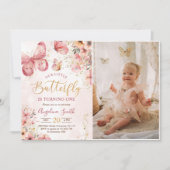 Invitation Papillon rose floral fille 1er anniversaire Photo (Devant)