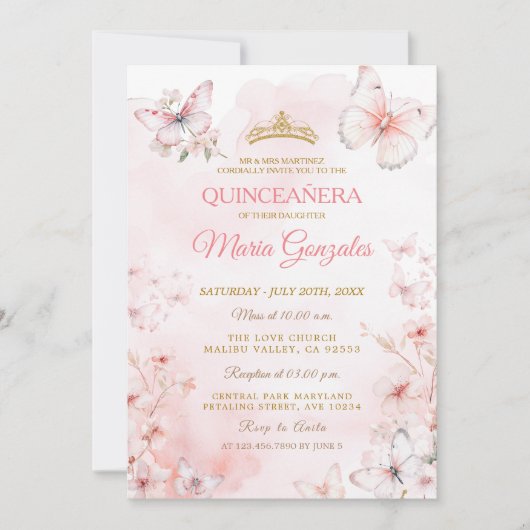 Invitation Papillon rose Floral Quinceañera (Devant)