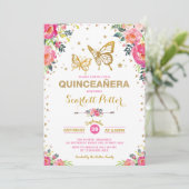 Invitation Papillon rose Floral Quinceañera Anniversaire (Debout devant)
