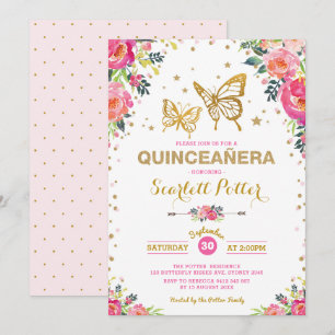 Invitation Papillon rose Floral Quinceañera Anniversaire