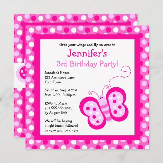 Invitation Papillon rose mignon avec l'invitation (Devant / Derrière)