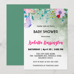 Invitation Papillon rose mou Fleurs blanches baby shower fill