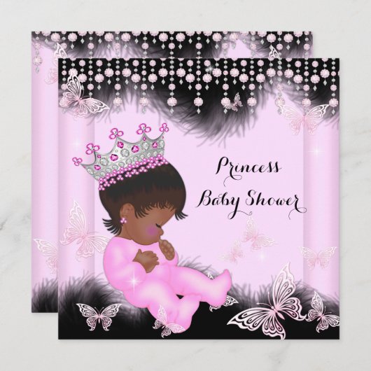 Invitation Papillon rose noir Baby shower Princesse Ethnique (Devant / Derrière)