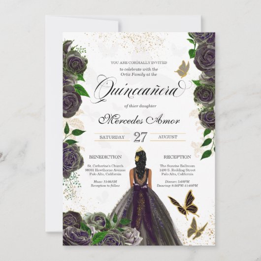 Invitation Papillon Rose noir Mariposa Quinceanera (Devant)