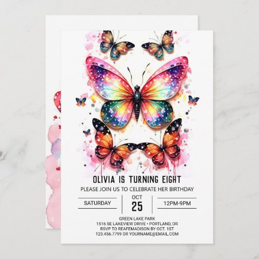 Invitation Papillon rose numérique fille Anniversaire (Devant / Derrière)