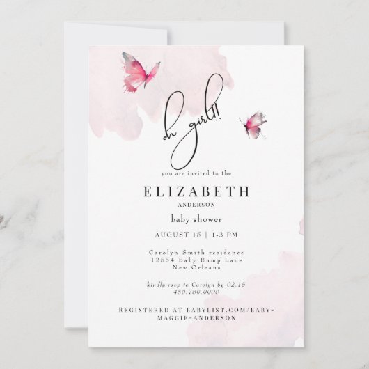 Invitation Papillon rose Oh Baby shower fille (Devant)