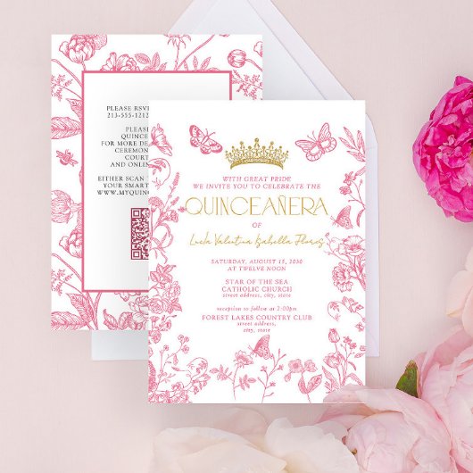 Invitation Papillon rose or QR Quinceañera Mis Quince Años