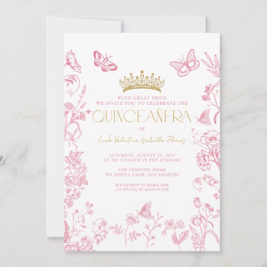 Invitation Papillon rose or Quinceañera QR Mis Quince Años (Devant)