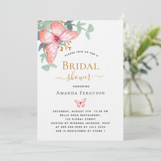 Invitation Papillon rose or verdure Fête des mariées de luxe (Debout devant)