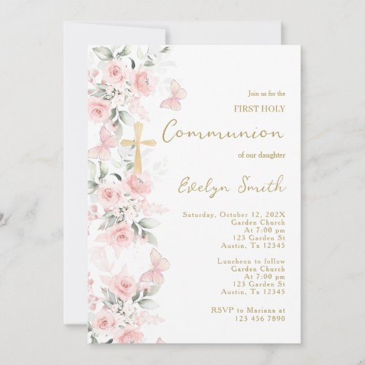 Invitation Papillon rose pâle Première Fille Communion (Devant)
