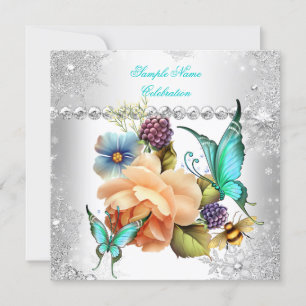 Invitation Papillon Rose pêche sarcelle Argent Blanc Célébrat