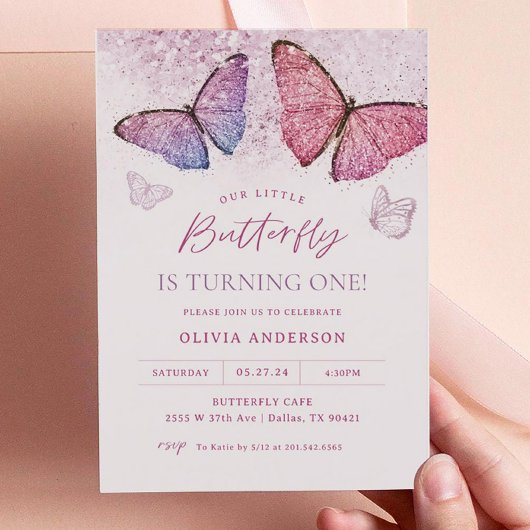 Invitation Papillon rose pourpre Fille Premier anniversaire f