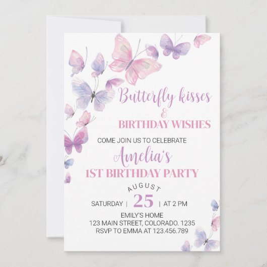 Invitation Papillon rose pourpre Premier anniversaire Invitat (Devant)