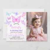 Invitation Papillon rose pourpre Premier anniversaire Invitat (Devant)