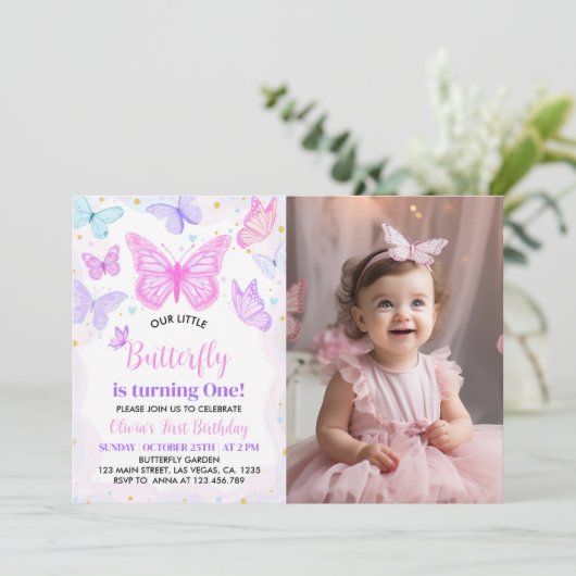 Invitation Papillon rose pourpre Premier anniversaire Invitat (Debout devant)