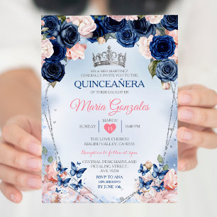 Invitation Papillon rose Quinceañera Crown Navy 15 Anos