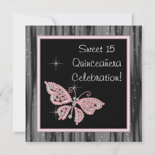 Invitation Papillon rose Quinceanera noir rose