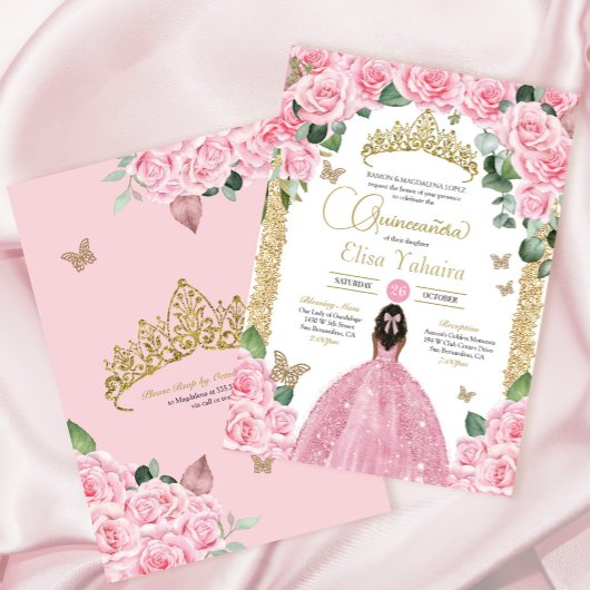 Invitation Papillon rose Rose Floral Princess Quinceanera