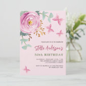 Invitation papillon rose rose floral vert luxe anniversaire (Debout devant)