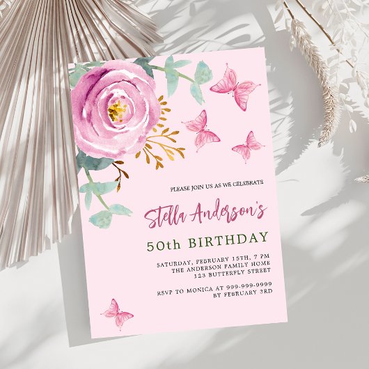 Invitation papillon rose rose floral vert luxe anniversaire