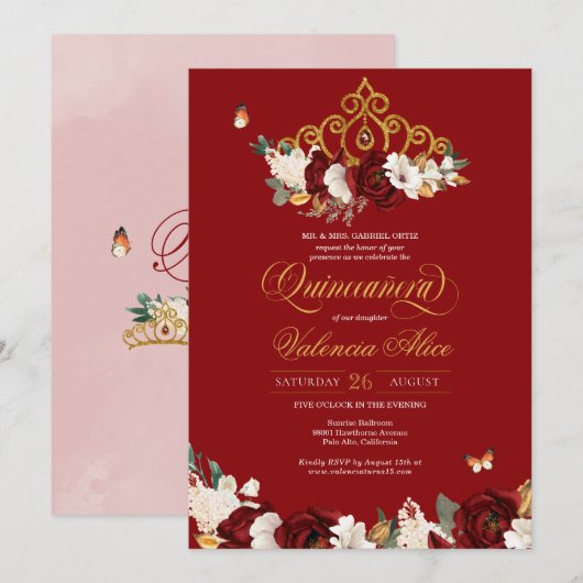 Invitation Papillon rose rousse de Bourgogne Quinceanera Gold (Devant / Derrière)