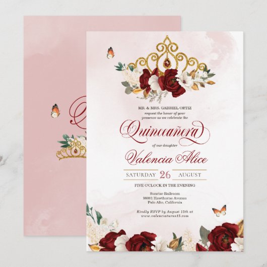 Invitation Papillon rose rousse de Bourgogne Quinceanera Gold (Devant / Derrière)