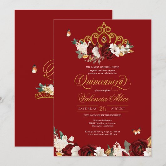 Invitation Papillon rose rousse de Bourgogne Quinceanera Gold (Devant / Derrière)