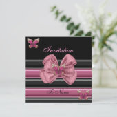 Invitation Papillon Rose Ruban Noir Rayure 2 (Debout devant)